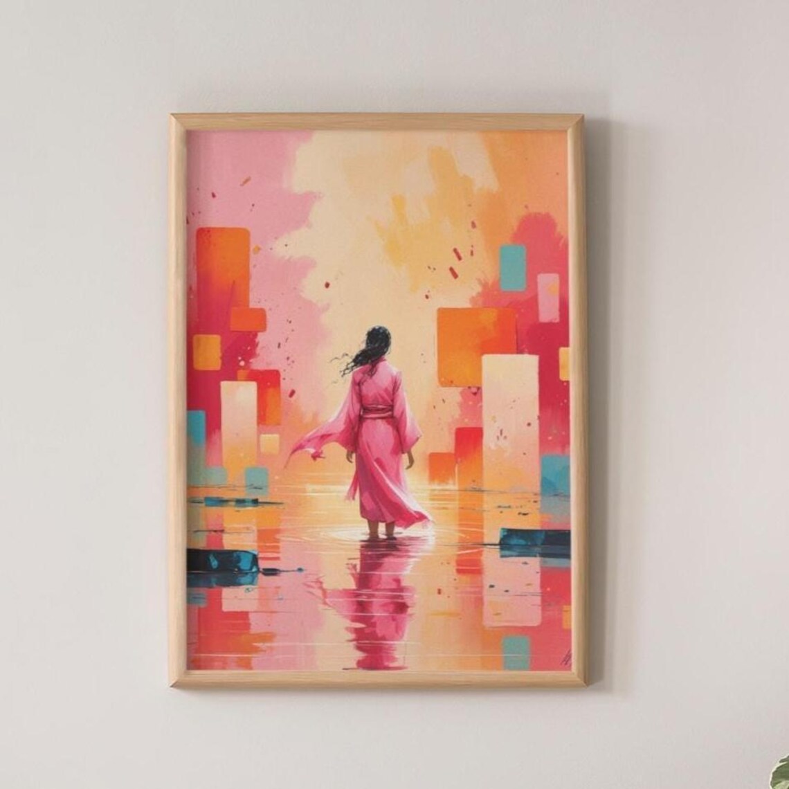 Woman in Pink Kimono Walking Through Abstract Color Blocks Poster