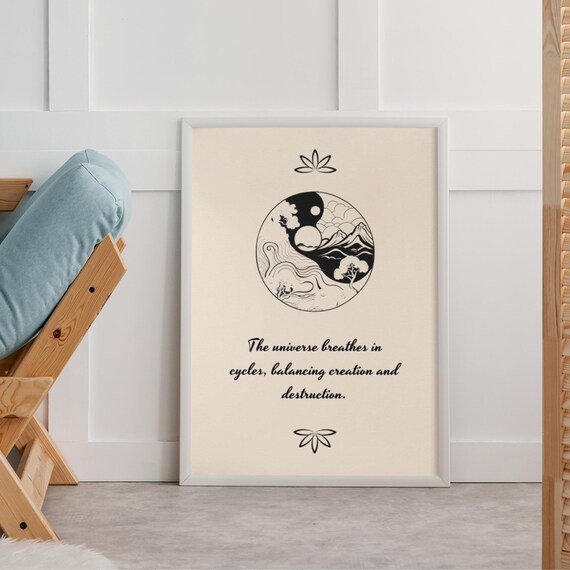 Yin Yang Line Art Universe Breathes in Cycles Balance Quote Poster
