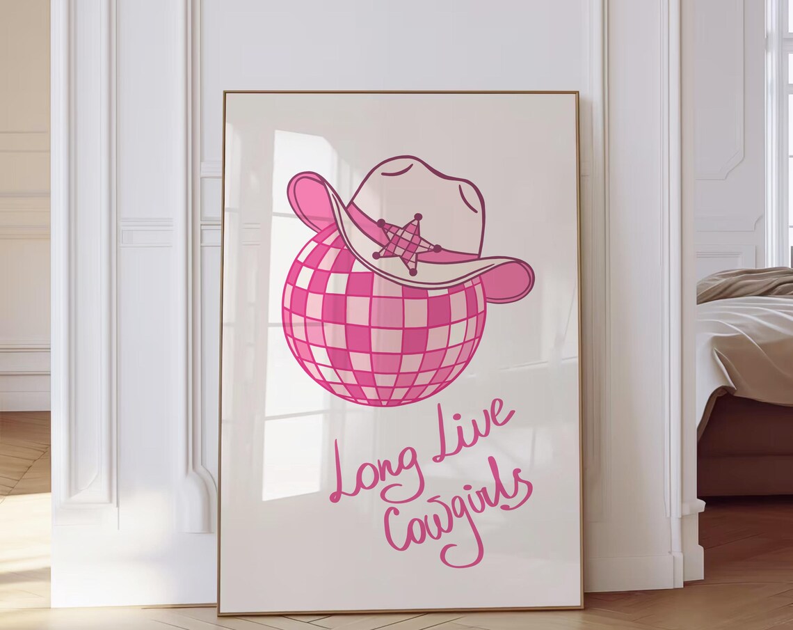 Long Live Cowgirls Pink Disco Ball Cowboy Hat Party Quote Poster