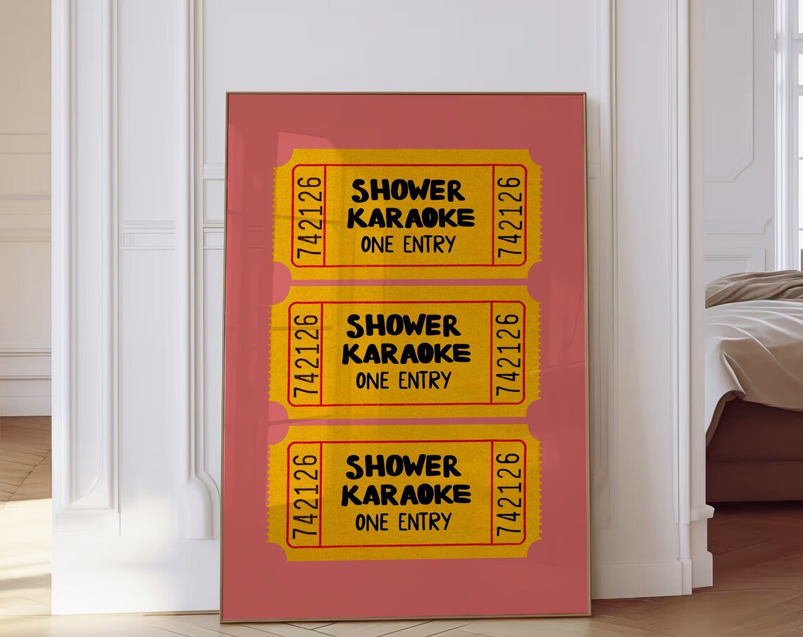 Shower Karaoke Ticket, Retro Pink Bathroom Poster