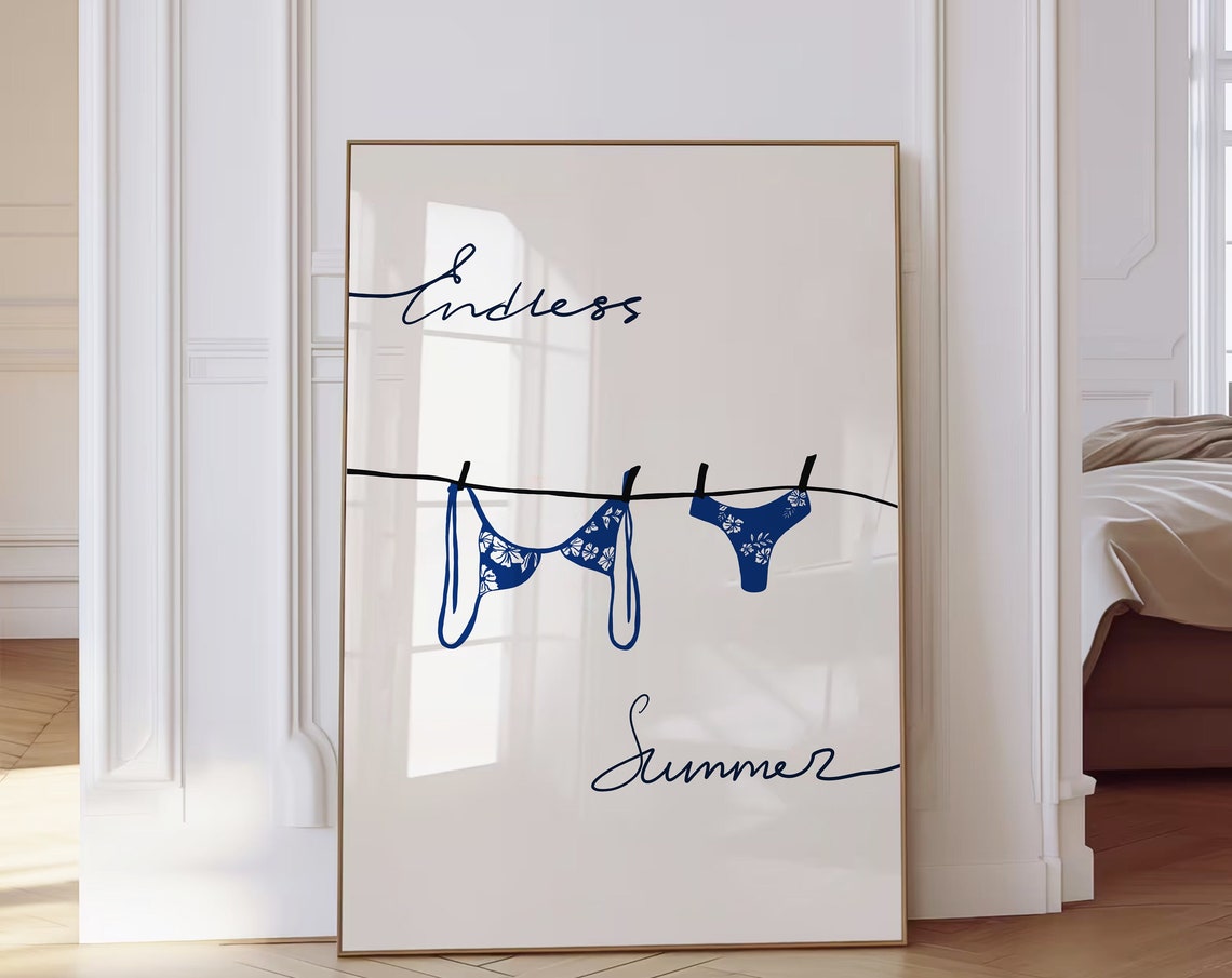 Endless Summer Blue Bikini Clothesline Coastal Beach Art Poster - Image 3