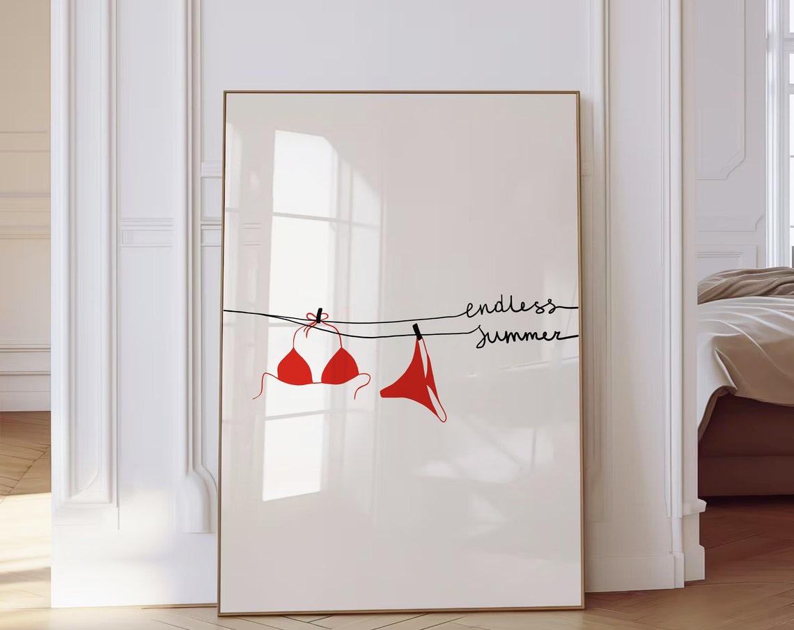 Endless Summer Red Bikini Clothesline Minimalist Beach Poster
