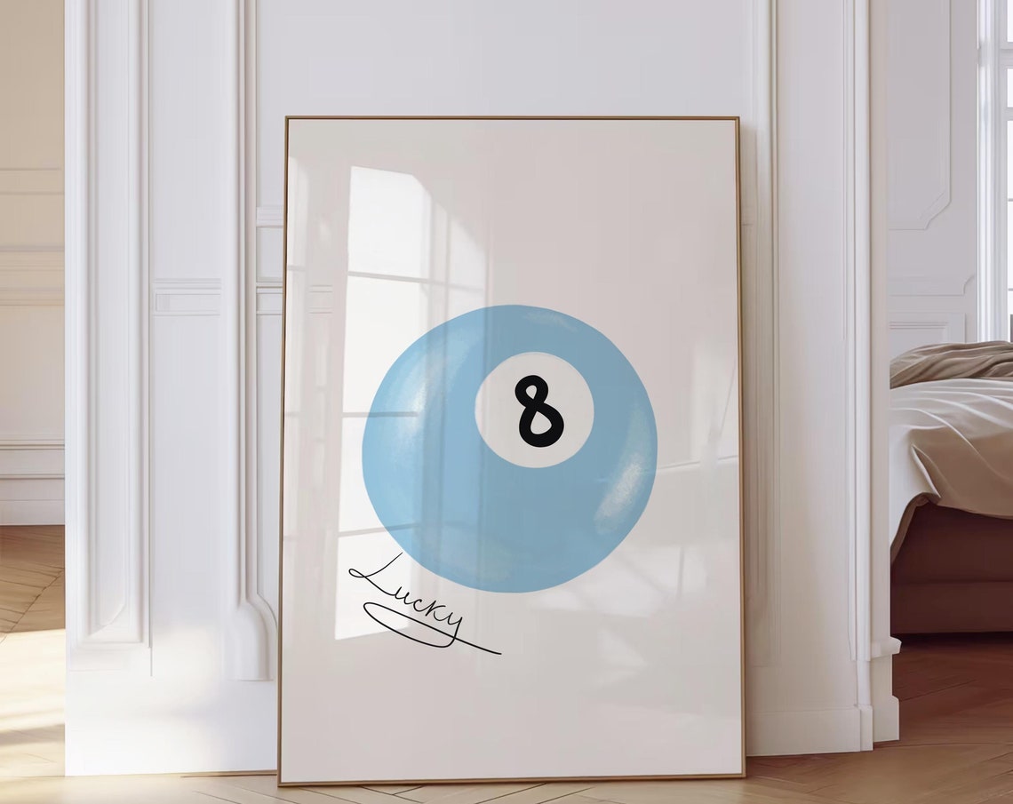 Lucky Blue 8 Ball Minimalist Pool Game Room Trendy Decor Poster