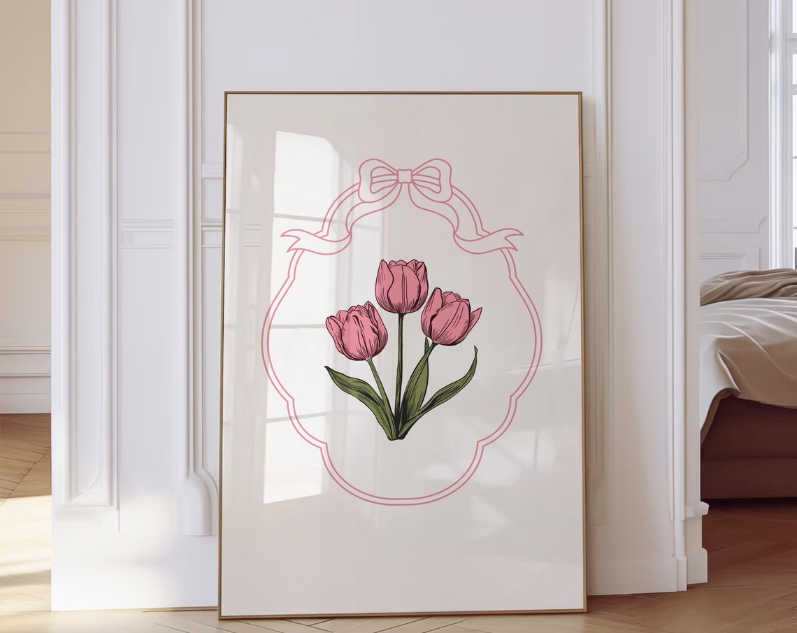 Pink Tulip Botanical Illustration with Pink Ribbon Bow Frame Poster