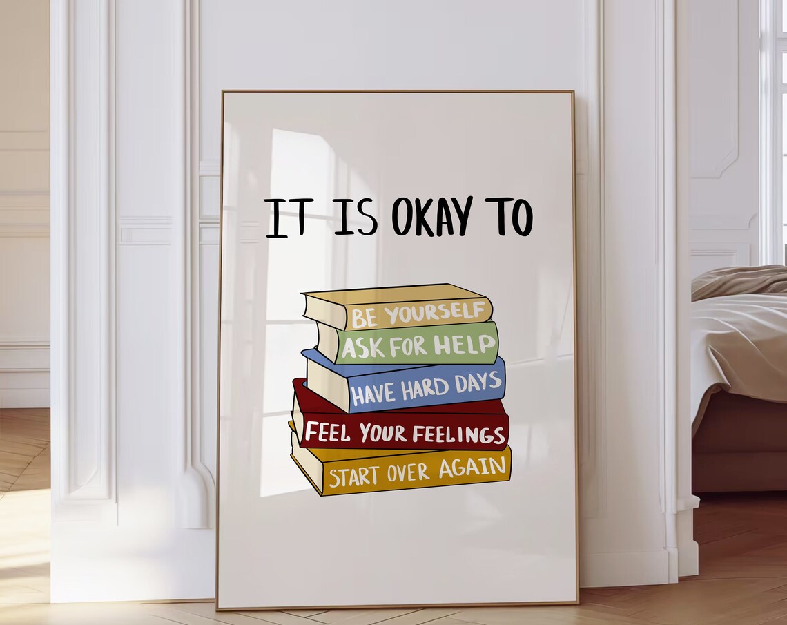 It Is Okay To Be Yourself Colorful Stacked Books Affirmation Poster