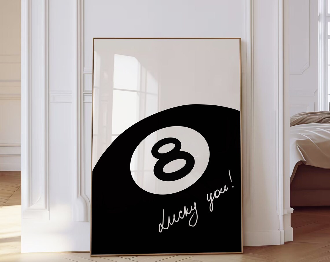 Black 8 Ball Lucky You Script Minimalist Retro Cream Style Poster