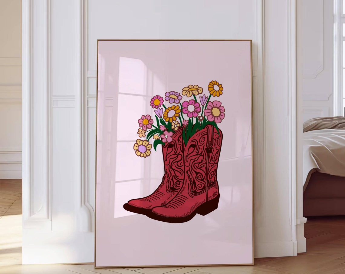 Cowgirl Flowers Boots Print Coastal Cowgirl Wall Art Girly Western Print Dorm Aesthetic Trendy Light Blue Preppy Art Hand Drawn Downloads