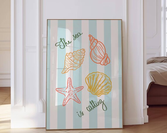 The Sea Is Calling Seashell Starfish Coastal Stripe Decor Poster