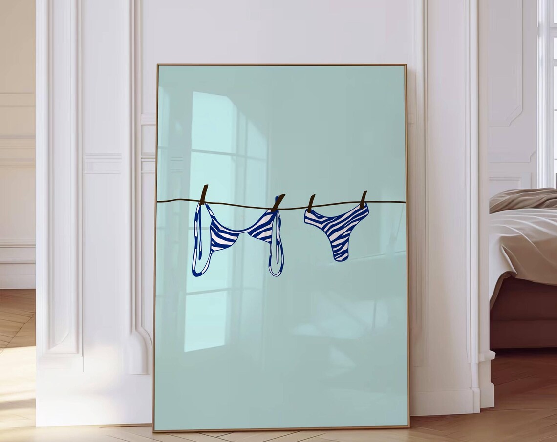 Blue Striped Bikini Clothesline Coastal Summer Beach Decor Poster