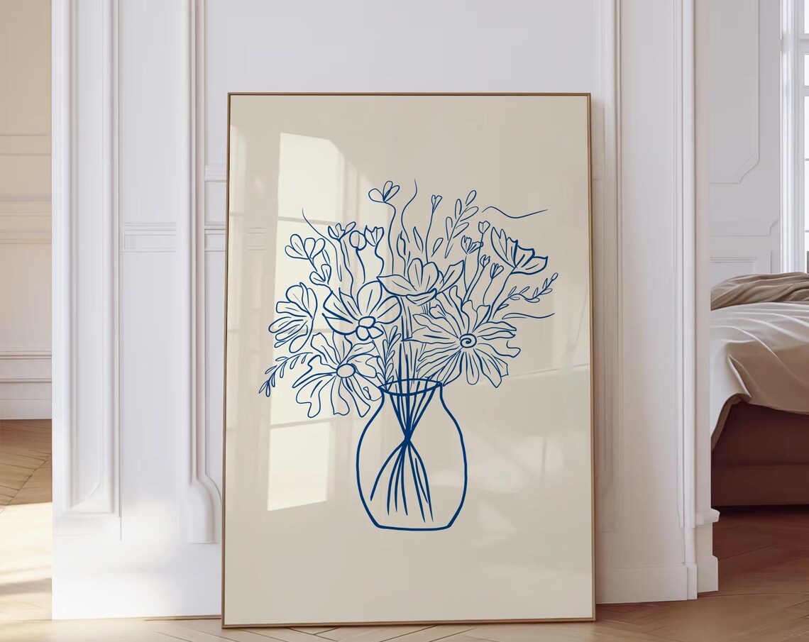 Cobalt Blue Floral Bouquet Fine Line Botanical Vase Art Poster