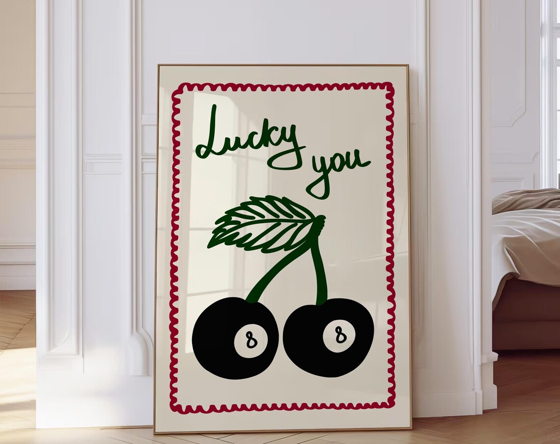 Lucky You Cherry 8 Ball Retro Scalloped Border Playful Poster