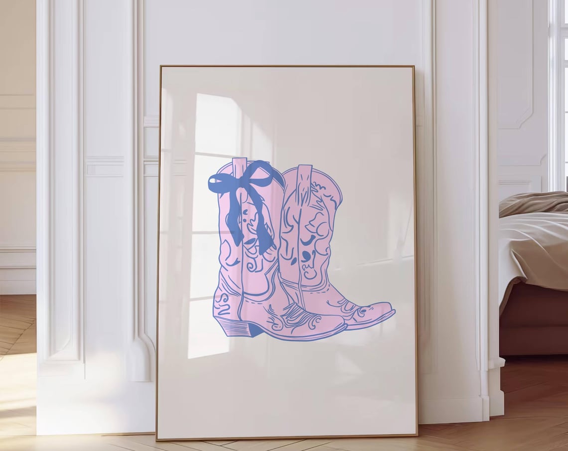 Pink Cowboy Boots With Blue Bow Hand Drawn Western Dorm Poster