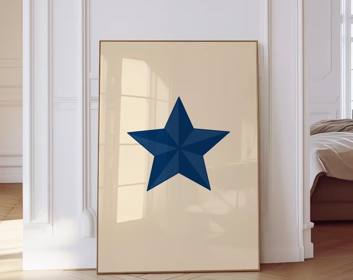 Navy Blue Geometric Star Cream Minimalist Modern Decor Poster