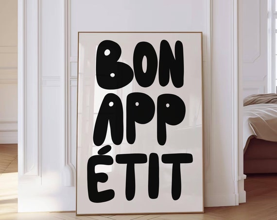 Bon Appetit Print Kitchen Decor Bar Cart Wall Art French Quote Poster Hand Drawn Mid Century Typography Print Retro Dining