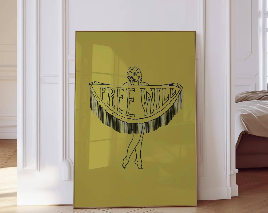 Free Will Retro Dancer Line Art Olive Green Typography Poster