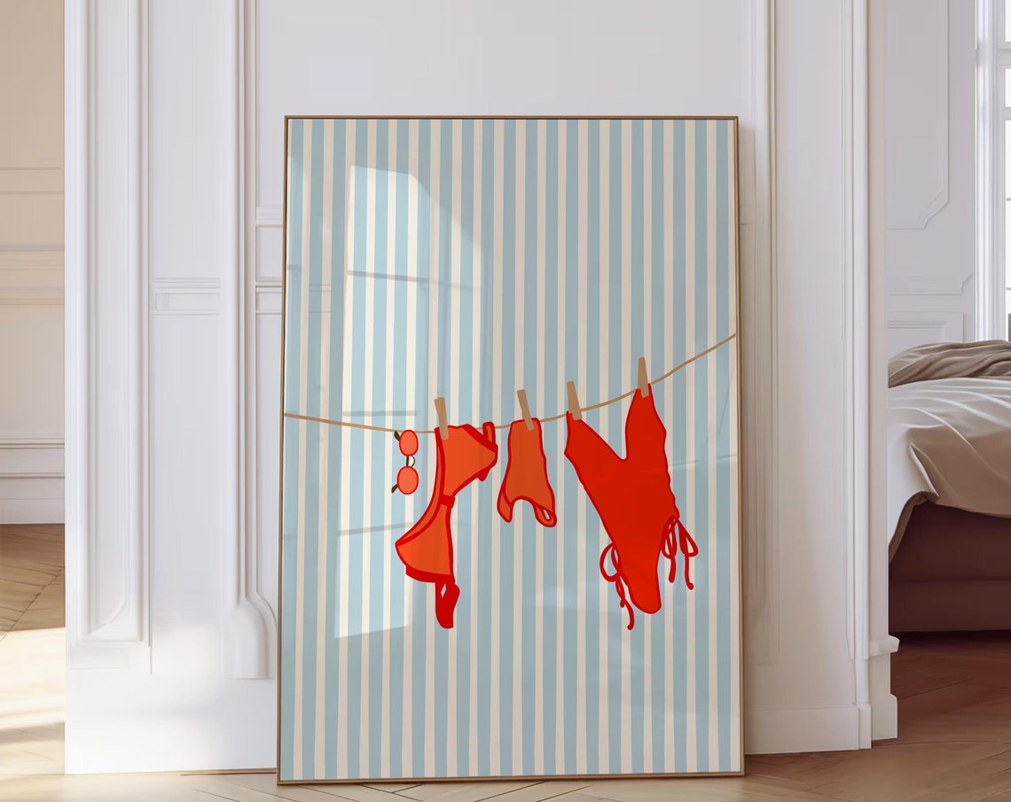 Red Swimsuits Clothesline Blue Striped Retro Beach Summer Poster