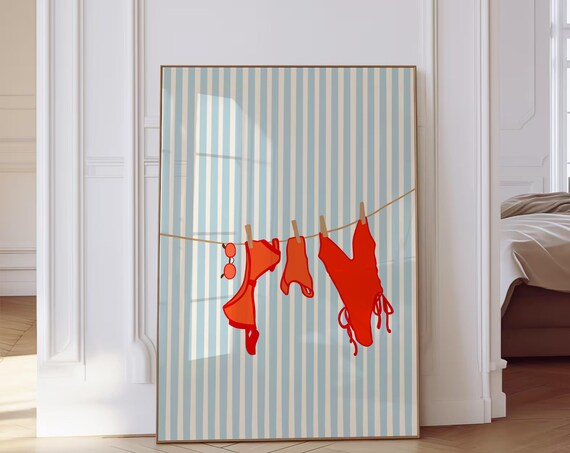 Red Swimsuits Clothesline Blue Striped Retro Beach Summer Poster