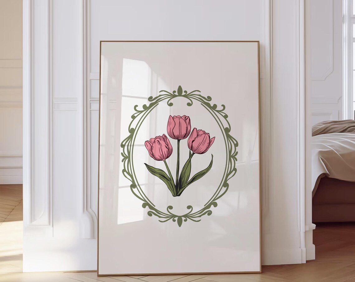 Pink Tulip Botanical Illustration with Green Ornate Oval Frame Poster