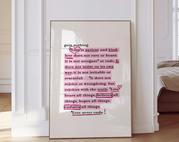 Love Is Patient Bible Verse Pink Highlight Scripture Quote Poster
