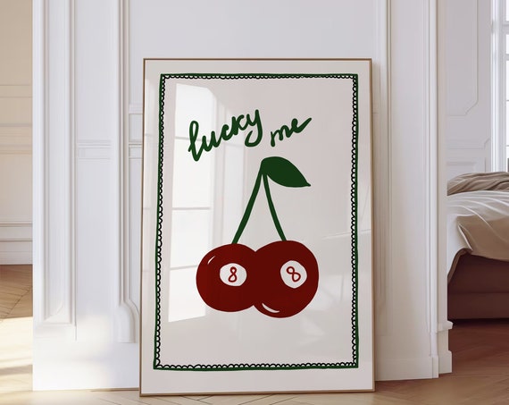 Lucky Me 8 Ball Print Poster Vintage Food Print Trendy Retro Print Cherry Illustration Aesthetic Kitchen Decor Art