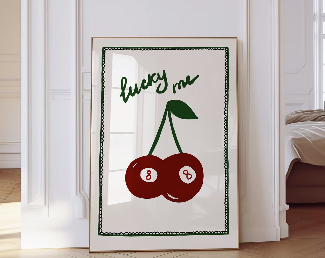 Lucky Me Cherry 8 Balls Green Retro Whimsical Illustration Poster