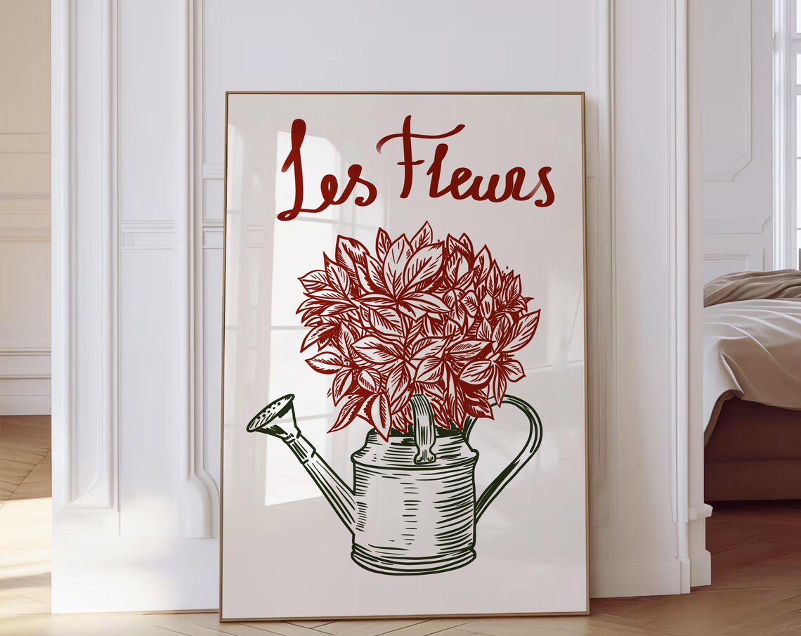 Les Fleurs French Flower Market Watering Can Botanical Poster