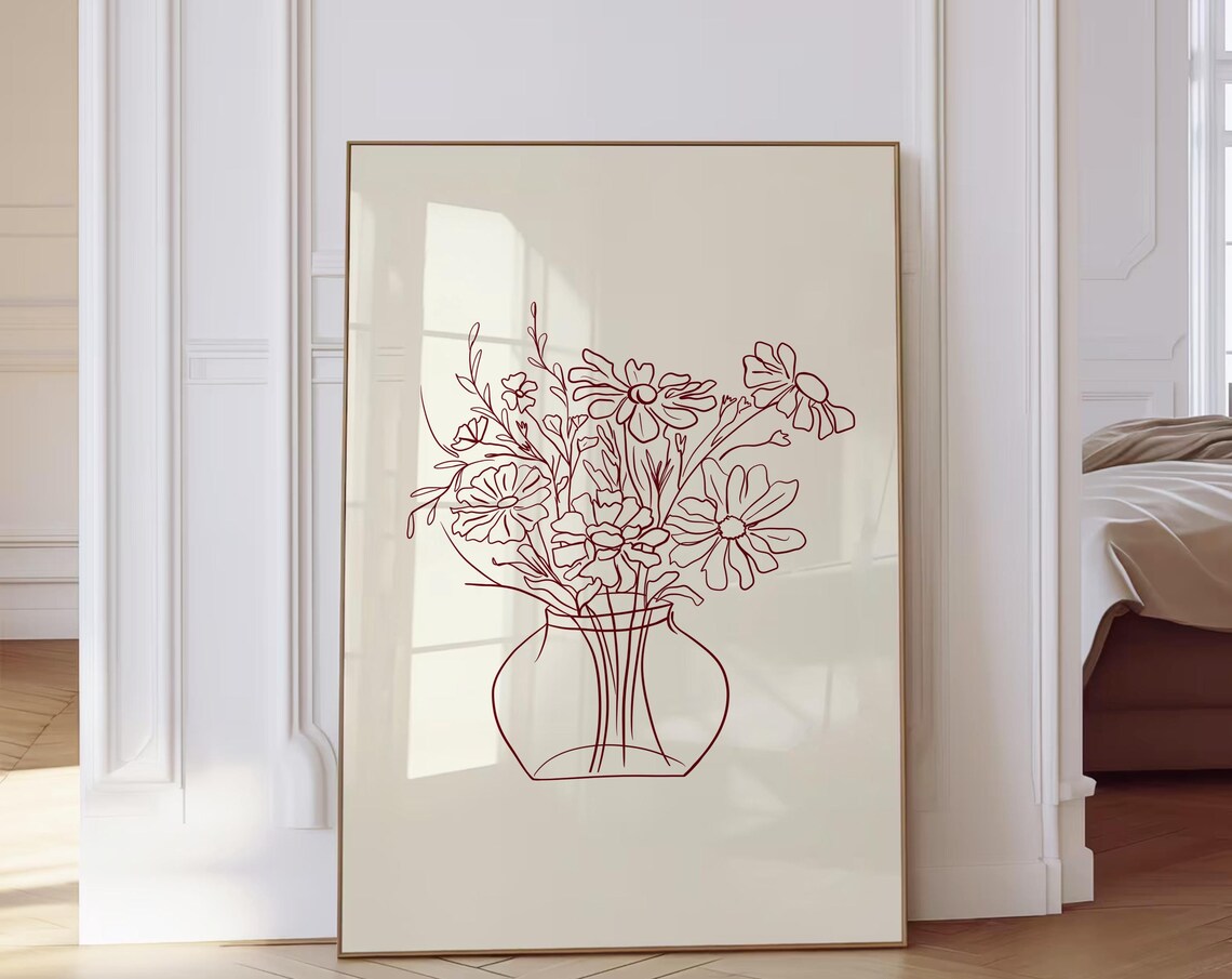 Burgundy Fine Line Floral Bouquet Botanical Minimalist Poster