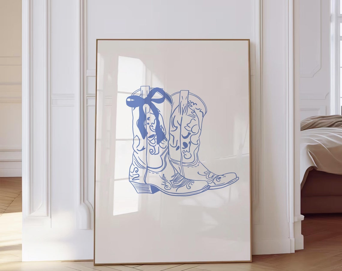 Blue Cowboy Boots Bow Line Art Minimal Western Boot Decor Poster