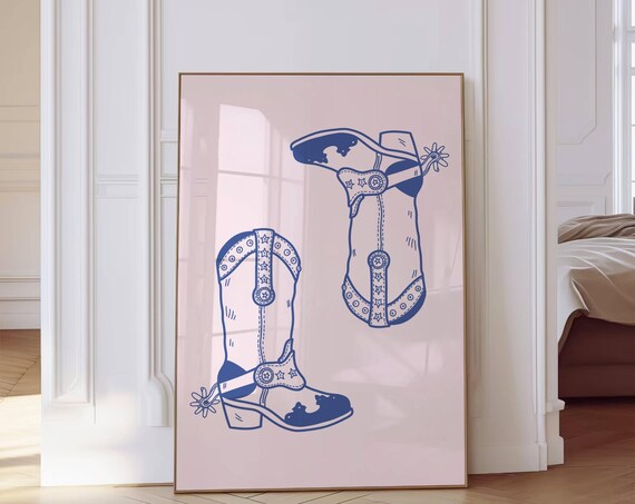 Blue Cowboy Boots Western Line Drawing On Pink Coastal Poster