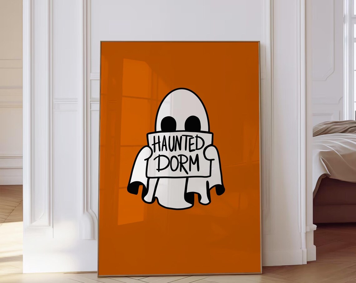 Haunted Dorm Cute Ghost Sign Orange Halloween Dorm Wall Poster
