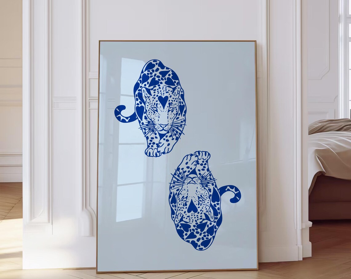 Cobalt Blue Leopard Pair Yin Yang Hand Drawn Animal Art Poster