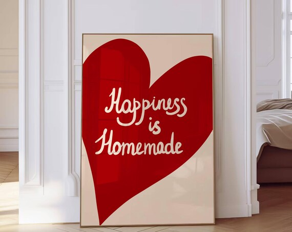 Happiness Is Homemade Red Heart Poster Aesthetic Room Decor Trendy Cute Wall Art Retro Kitchen Prints Hand Drawn Wall Art Aesthetic Print