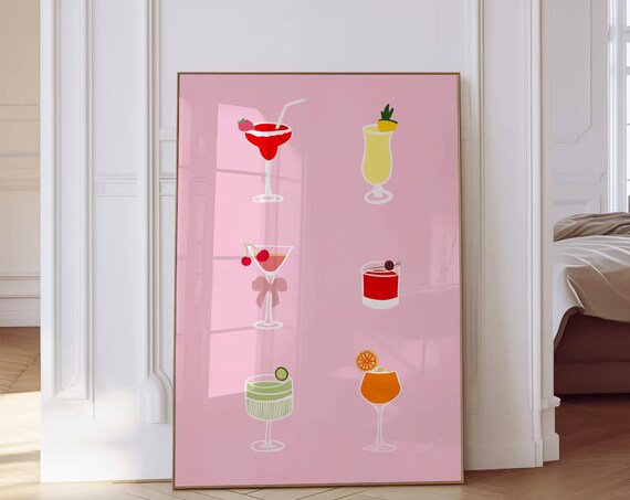 Cocktail Poster Aesthetic Girly Bar Cart Art Kitchen Decor Preppy Pink Posters Cute Girly Vintage Hand Drawn Wall Art