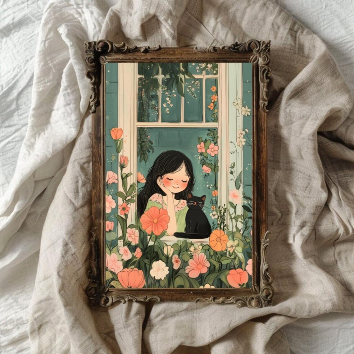 Coquette Girl With Black Cat in Blooming Window Folk Art Poster - Image 2