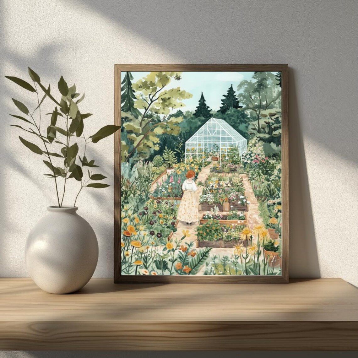 Woman Gardening in Flower Garden With Glass Greenhouse Wall Poster - Image 4
