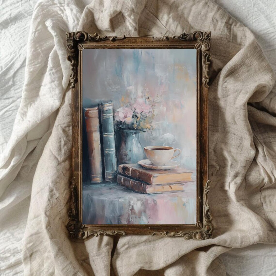 Vintage Old Books With Teacup and Flowers Still Life Painting Poster - Image 5