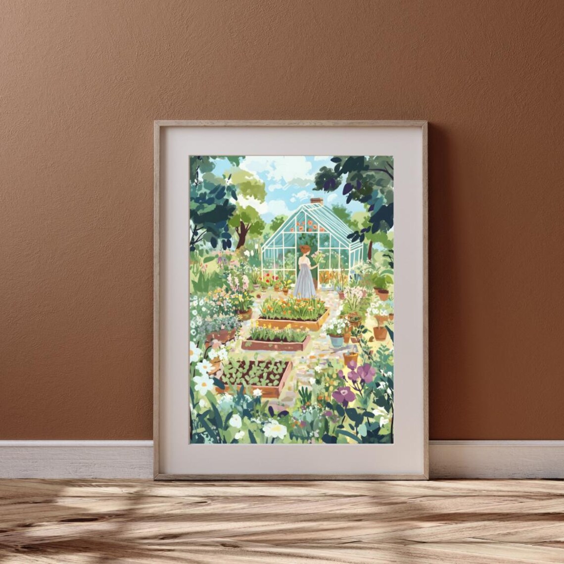 Lovely Woman Picking Flowers in a Greenhouse Garden Art Poster - Image 2