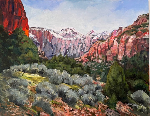 Original Painting Of The Southwest With Red Mountains Sagebrush And Cedar Trees