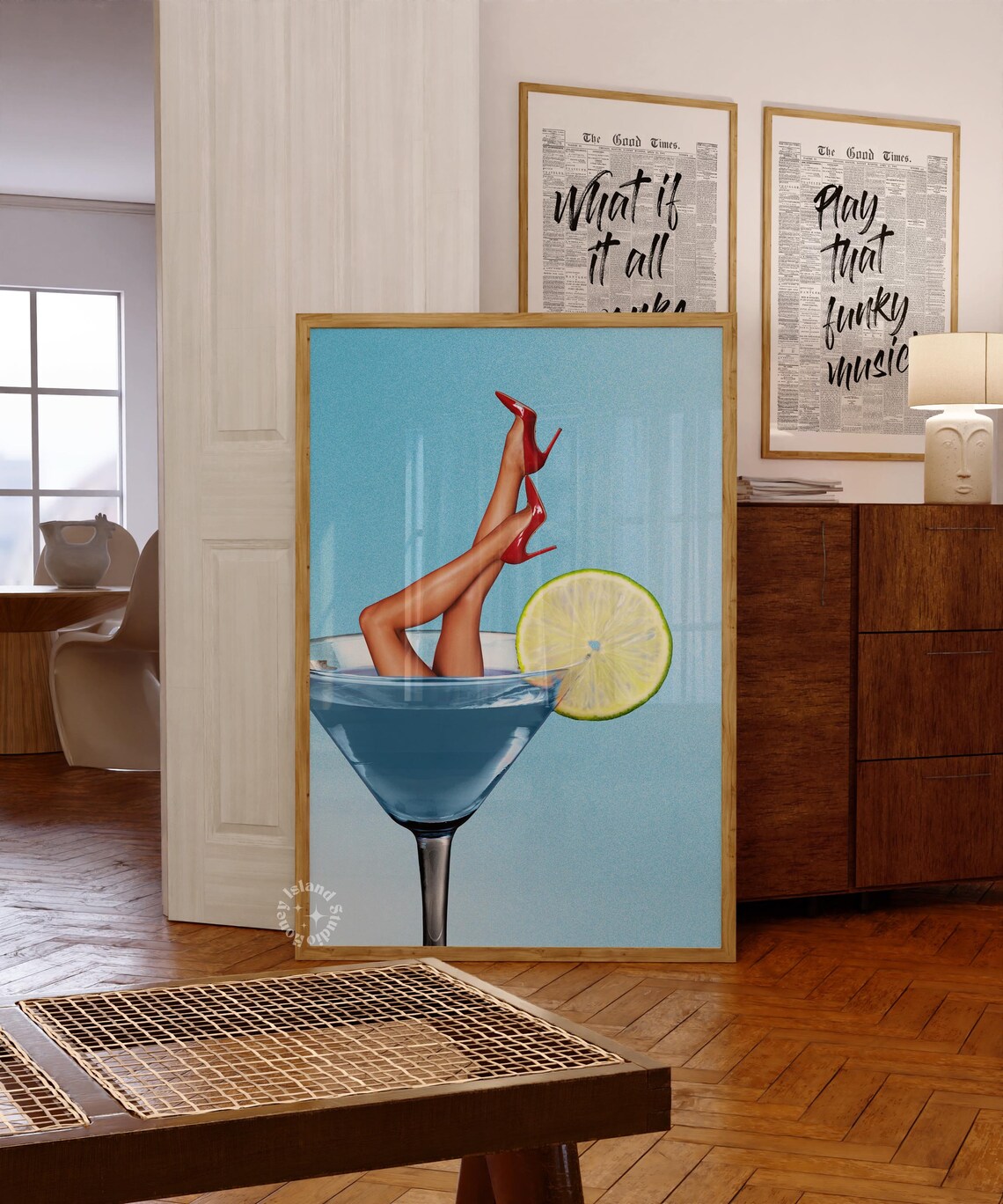 Blue Martini Cocktail Legs in Red Heels Retro Bar Art Poster