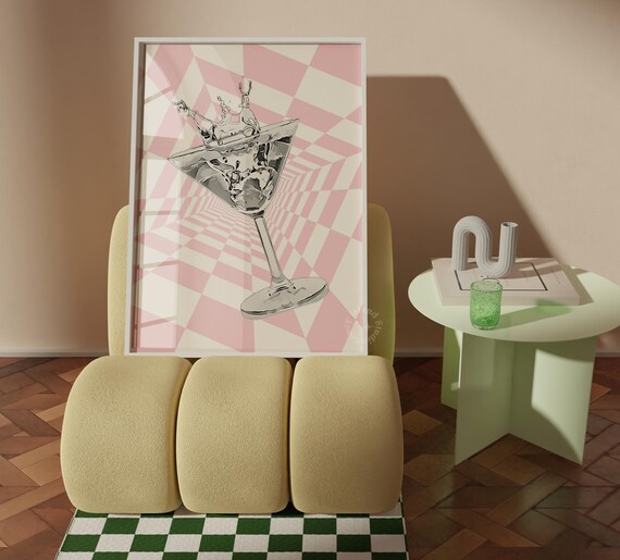 Pink Checkered Martini Cocktail Glass Splash Retro Bar Poster