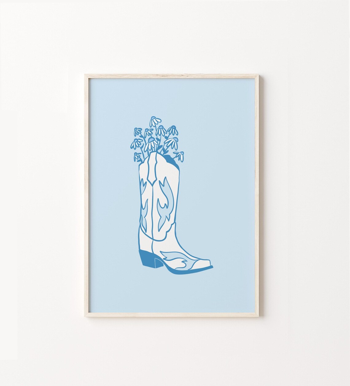 Western Boot Blue Art Print, Texas Boho Wildflowers