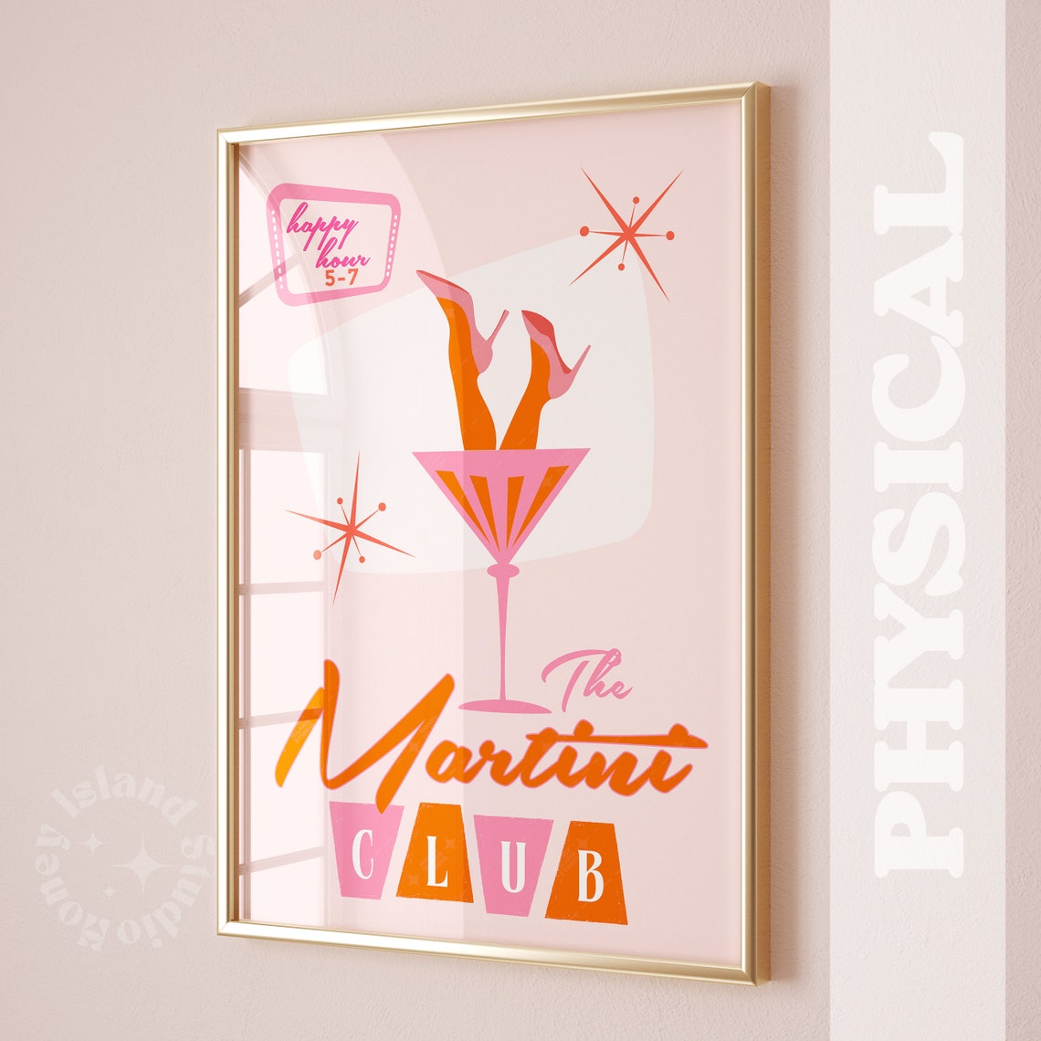 The Martini Club Retro Pink Cocktail Bar Sign Happy Hour Poster