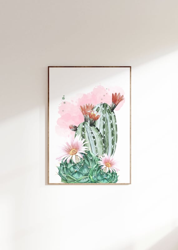 Pink Blooming Cactus Watercolor Botanical Nursery Art Poster