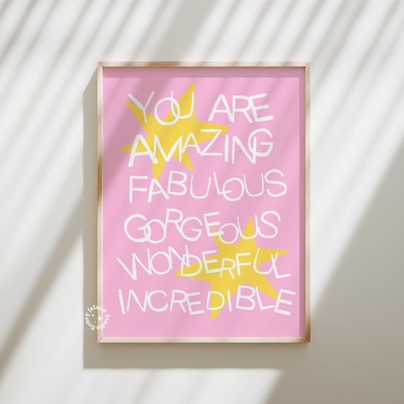 You Are Amazing Fabulous Gorgeous Pink Star Quote Wall Art Decor