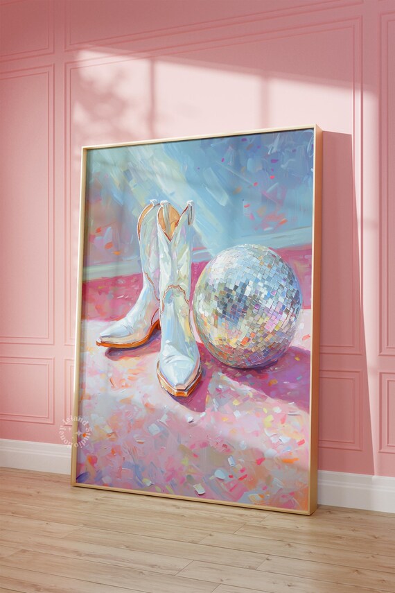 Disco Cowgirl White Boots Pink Western Party Confetti Art Poster