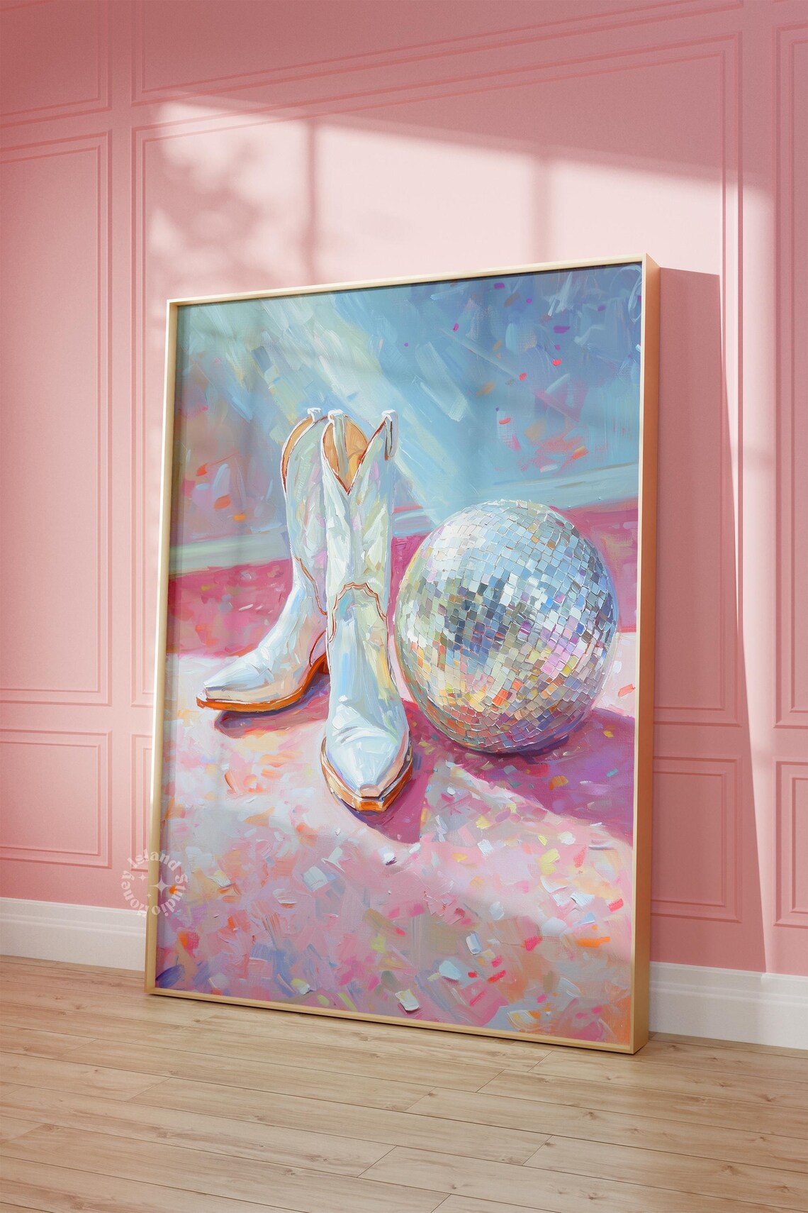 Disco Cowgirl White Boots Pink Western Party Confetti Art Poster
