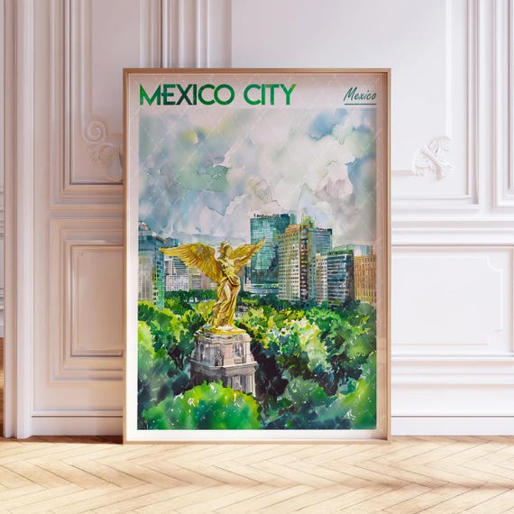 Mexico City Watercolor Art Print Angel Of Independence Poster World Cities Wall Pastel Colors Travel