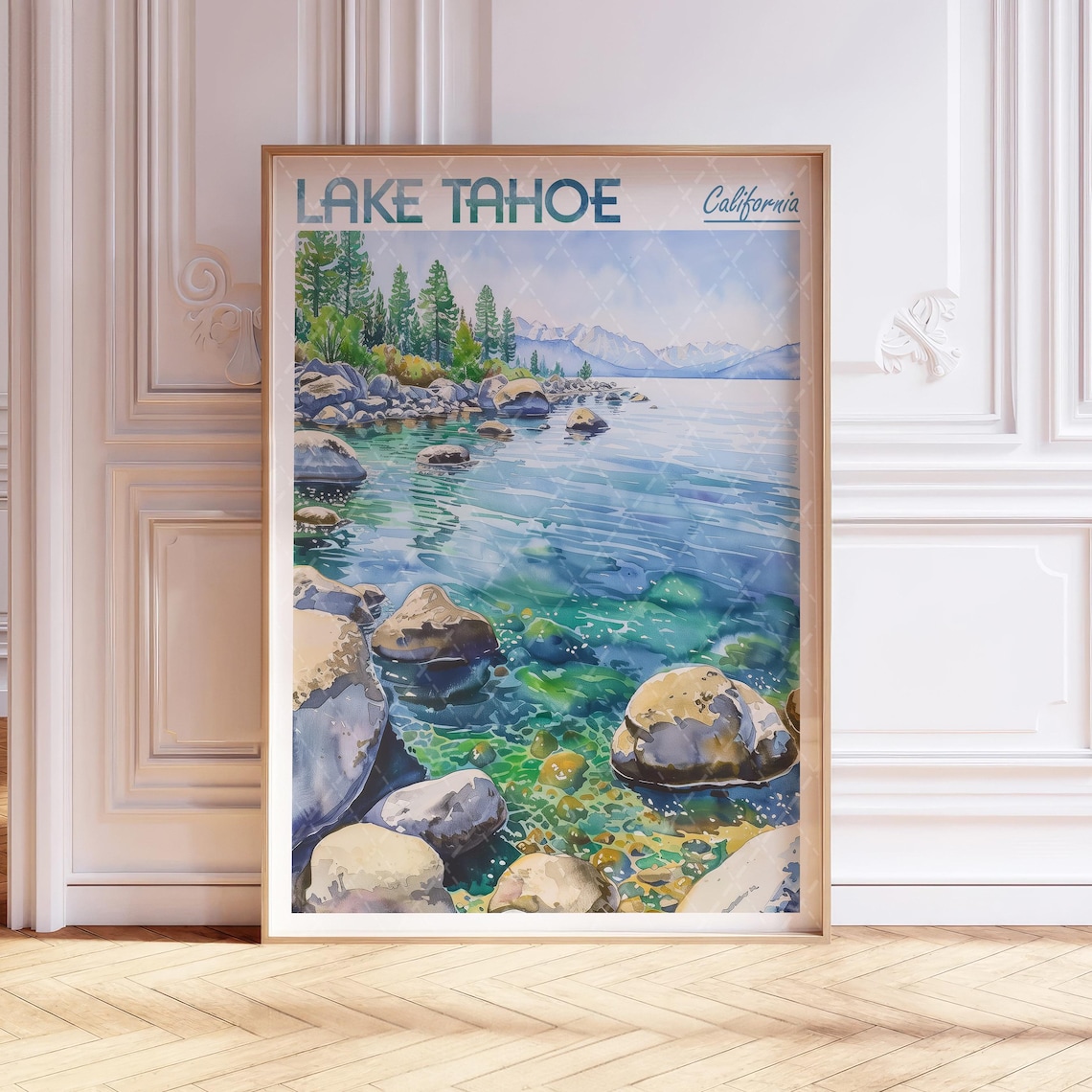 Lake Tahoe California Blue Watercolor Pines Rocky Shore Poster