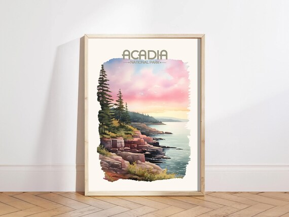 Acadia National Park Maine Rocky Coast Sunset Watercolor Poster