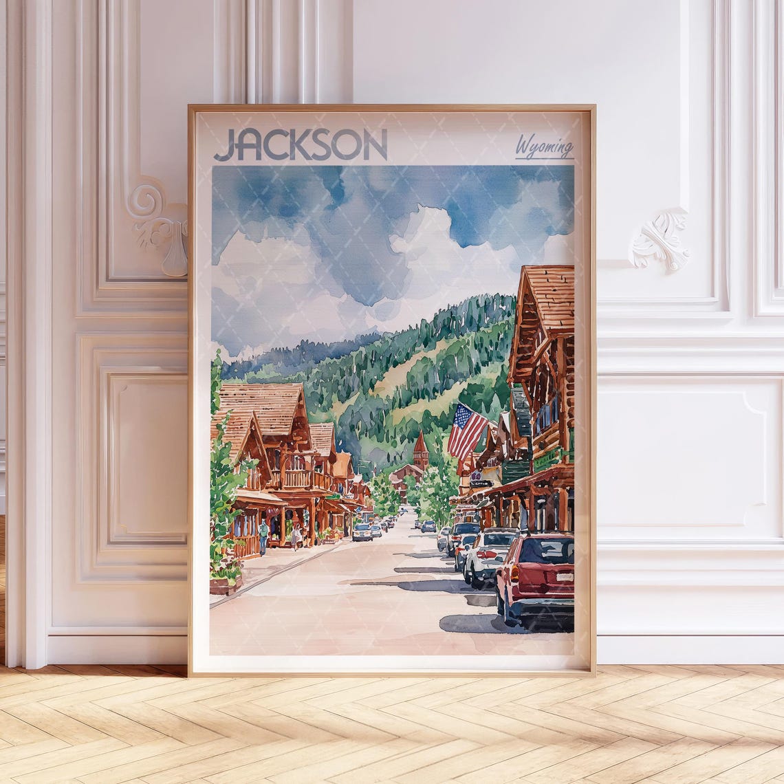 Jackson Wyoming Watercolor Log Cabin Town Mountain Street Poster